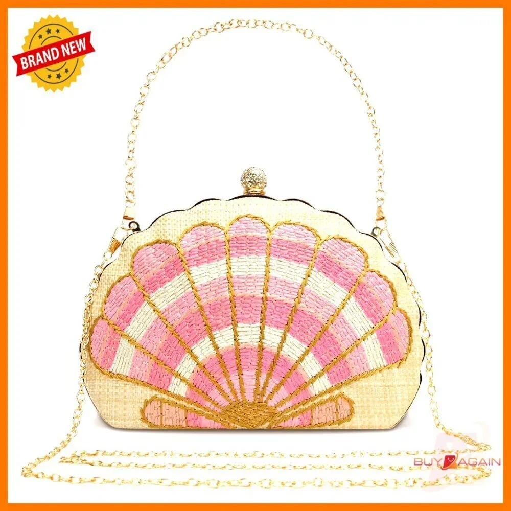 Straw Woven Clutch Purse with Shell Pattern, Chain Strap, Kiss Lock Closure